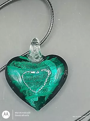 Murano Puffy Heart Glass Pendant On A 44cm Black Cord • £5