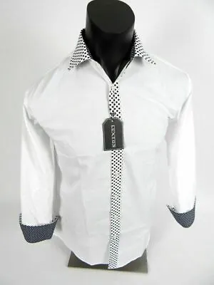 Mens Luxton Dress Shirt White With Black Polka Dot Collar And Cuffs Button Front • $14.99