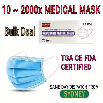 Disposable Medical Mask Face Mask 3Ply 10-2000x TGA CE FDA Cetified BFE 98% Bulk • $363.99