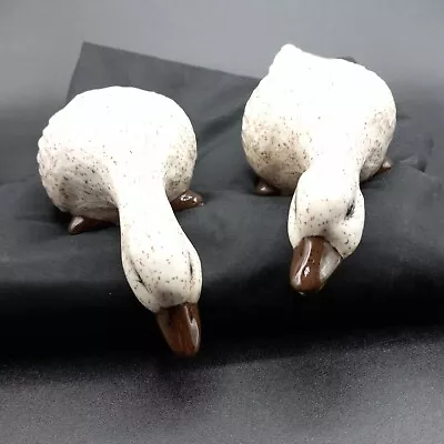 Vtg Set Of 2 Ceramic Duck Figurines White & Brown Speckled Hand Painted     L1 • $19.99