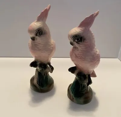 Vintage Mid Century California Porcelain Pottery Pink White Cockatoo Figurines • $50.50