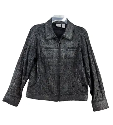 Chicos Womens Crinkle Blazer Jacket Metallic Gray Silver Full Zip Moto Size M • $12.33