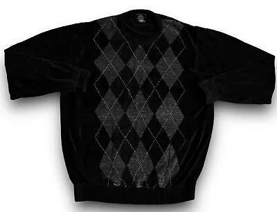 Dockers Mens XL Black Velour Argyle Geometric Sweater Pullover Crewneck VTG • $10.99