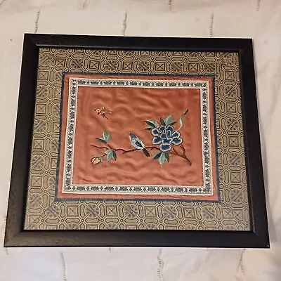 Vintage Chinese Japanese Silk Embroidery Oriental Birds In  Black Glass Frame • £18