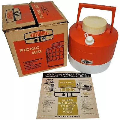 Vintage Thermos Brand Picnic One Gallon Jug Spout Orange White Original Box 1971 • $14.99