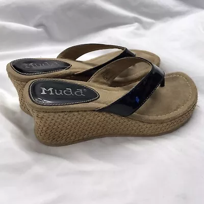 Mudd Sandals Womens 7 M Espadrille Thong Wedge Heels Slip On Black Y2k Vtg • $19.99