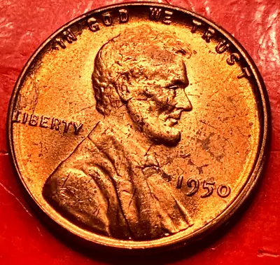 1950 Lincoln Wheat Cent Penny- No Mint Mark  GEM RED From An Original Bank Roll • $0.99