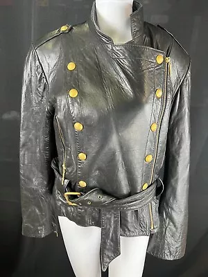 $52 • Buy Vakko Leather Ladies Jacket Black Military Vintage Buttons M