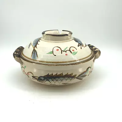 Vintage Mid Century Japanese Glazed Ceramic Rice Cooker Crock Pot Painted Fish • $45.99