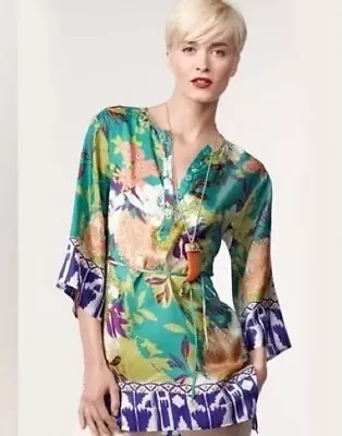 CAbi  Poetry Women's Colorful 100% Silk Floral Tunic Top MISSING BELT XL • $20