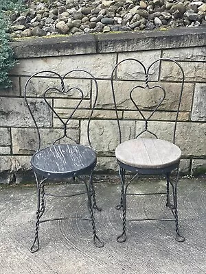 Vtg Wrought Iron Ice Cream Parlor Chair Bar Stool Heart Back Set Of Two • $115.98