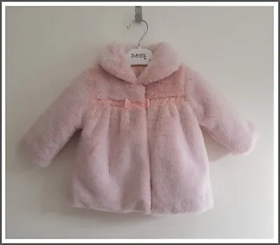 Nutmeg Baby Girls Pink Winter Coat Collared Soft Fur Jacket With Bow 3-6m NEW • £13.99