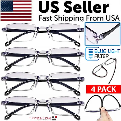 4 PK Mens Rectangular Rimless Blue Light Blocking Reading Glasses Unisex Readers • $9.89