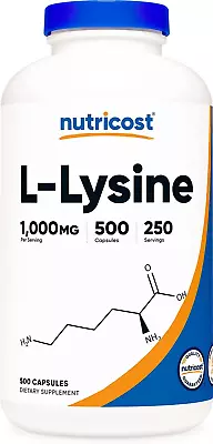 Nutricost L-Lysine 1000mg Capsules Gluten Free Non-GMO 250 Count Or 500 Count • $21.73