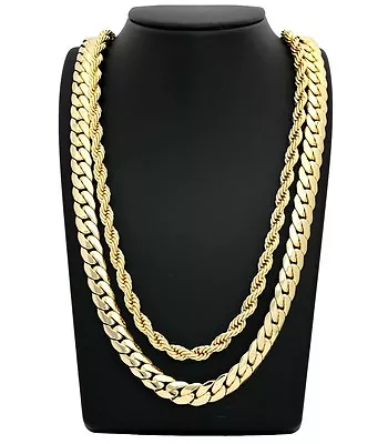 MENS MIAMI CUBAN LINK CHAIN & ROPE CHAIN 2Pcs Set 14K GOLD PLATED NECKLACE • $31.49