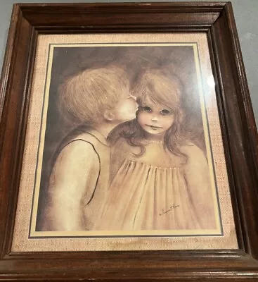 Vintage Margaret Kane Boy & Girl A Little Kiss First Love Framed 20 X17  Print • $21.99