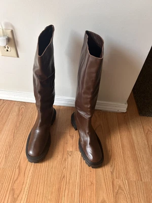 $90 • Buy Zara Leather Tall Boot In Dark Brown Size 39 , 8 US New With Tags