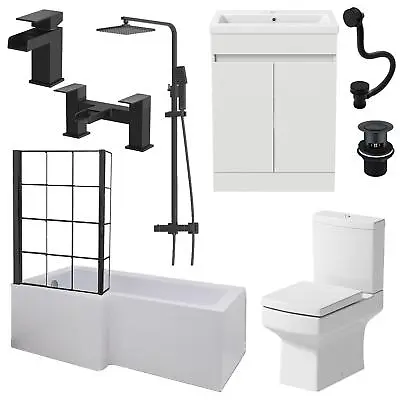 Complete Bathroom Suite Black 1700 L Shape LH Bath Screen Vanity WC Shower Taps • £844.51