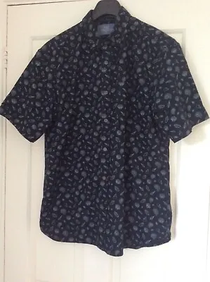 M & S Collection Navy Blue Seashell Pattern Laundered Oxford Shirt Medium  • £8.50