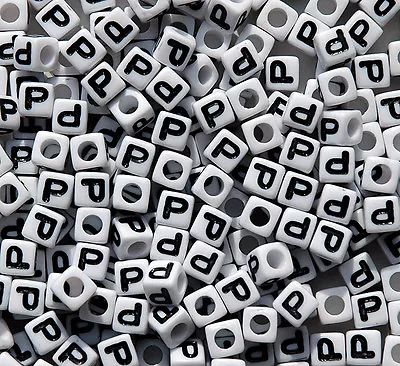 Letter P - 100pc 7mm Alphabet Beads White With Glossy Black Letters • $5.99