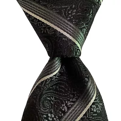 BUGATCHI Men's 100% Silk Necktie ITALY Designer PAISLEY STRIPED Black/Gray EUC • $39.99