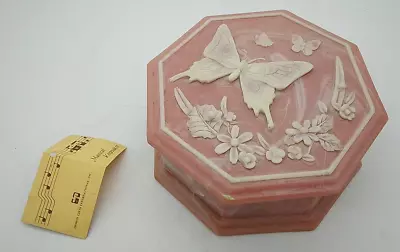Incolay Stone Musical Jewelry Box Pink W/White Butterflies Plays BORN FREE W/Tag • $49.99
