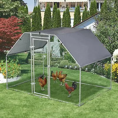 Large Metal Chicken House Walk-In Chicken Coop Run Cage W/ Cover Outdoor • £196.99