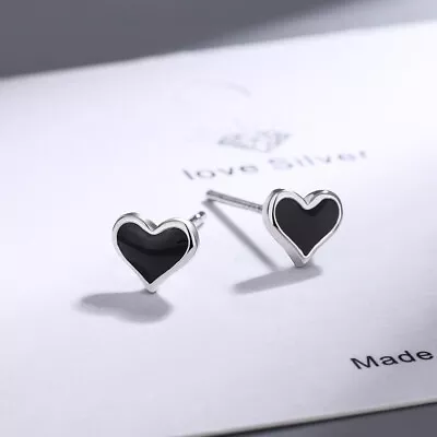 925 Sterling Silver Black Resin Love Heart Stud Earrings Gift • £3.96