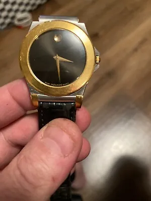Movado Museum Wristwatch Mens Black Dial Watch Gold Bezel BLACK Leather Strap • $109