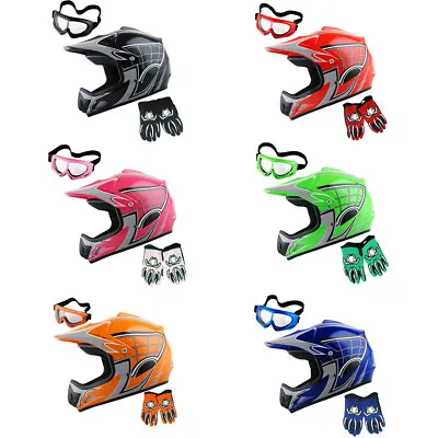 WOW Youth Motocross Helmet MX Bike ATV Spider Helmet +Goggle +Gloves Kids Bundle • $44.95