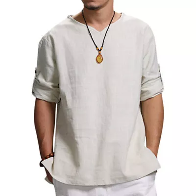 Mens Cotton Linen Long Sleeve Shirts Summer Casual V-Neck Pullover T-Shirt Tops • $25.82