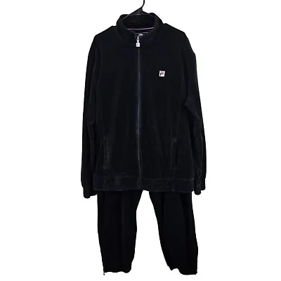 Vintage Fila Mens Velour Tracksuit Sz XXL Black Full Zip Mock Neck Straight Leg • $99.95