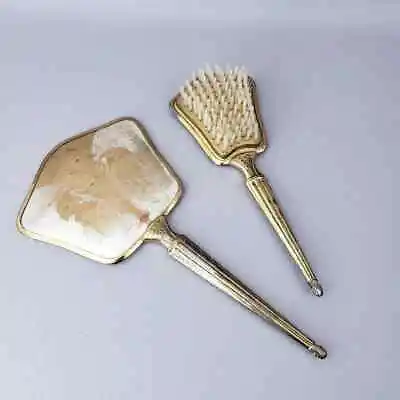 Vintage Hand Held Mirror And Brush Vanity Set Gold Tone Metal Floral Design Back • $16.99