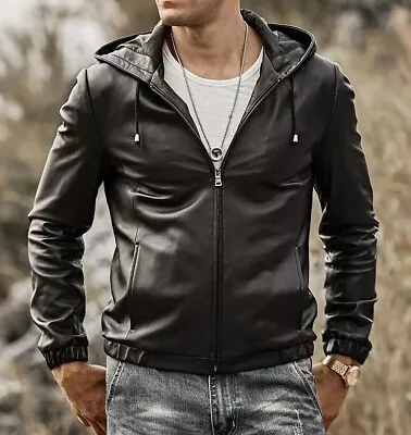 Men's Real Lamb Leather Jacket With Hood Leather Slim Fit Jacket Leather Hoodie • $156