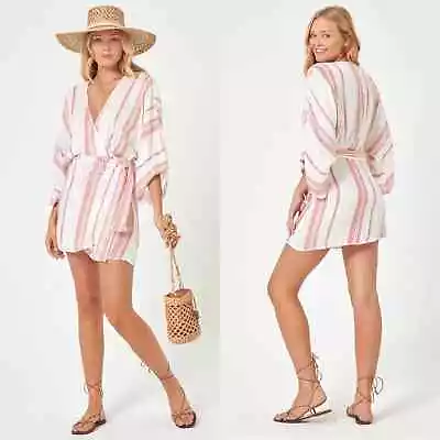 L*Space White/Magenta Striped Cotton Mini Wrap Dress/Swim Coverup Size Small EUC • $69.98