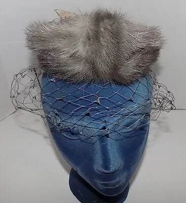 Vintage Gray Mink Open Crown Hat Veil Netting Velvet Bows • $22.99