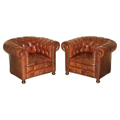 Pair Of Vintage 1920 Fully Coil Sprung Brown Leather Chesterfield Club Armchairs • $6216.75