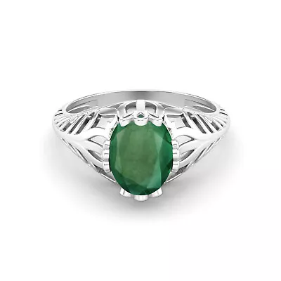 14k White Gold 9x7 MM Oval Shape Natural Emerald Gemstone Solitaire Women Ring • $452.84