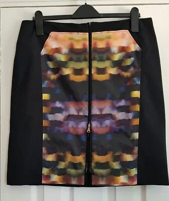 Black Multi Coloured Panel Zip Front  Pencil Skirt 16 • £3