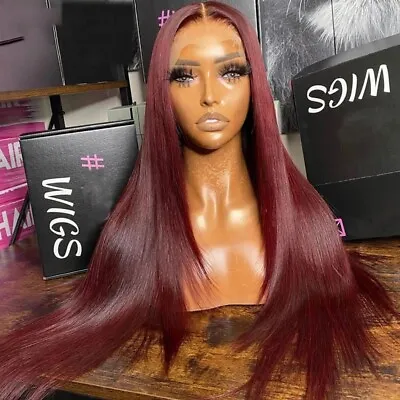 Women 99J Red Wig Long Straight Lace Front Red Wig Burgundy Red Synthetic Wig US • $34.77