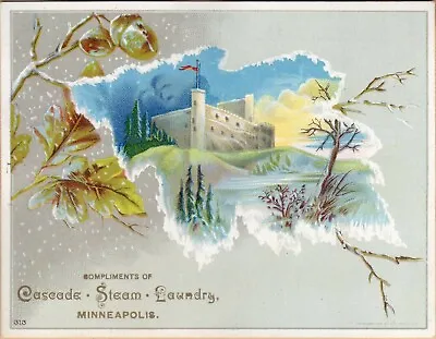Victorian Trade Card-Cascade Steam Laundry-Minneapolis MN-Leaves In Snow-Fort • $10