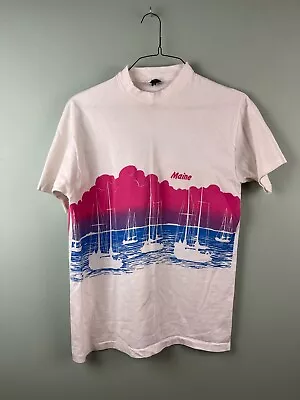 Vintage Maine White Short Sleeve T-Shirt 90s Neon Sailbot Size Large Made In USA • $21.99