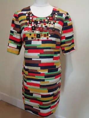 Milly New York Multi Coloured Silk And Linen Dress With Beaded Neck Detail - 8 • £125