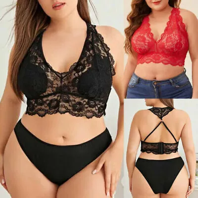 Plus Size Ladies Lace Halter Neck Bralette Bralet Bustier Full Cup Bosom Bra Set • £7.19