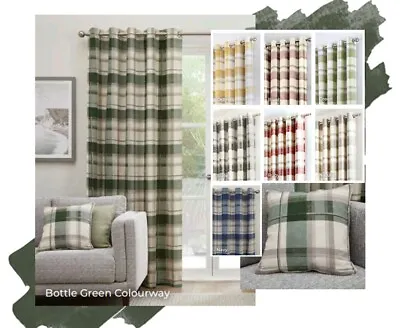 1 Pair Of Brittany Check Tartan Design Readymade Eyelet Ring Top Lined Curtains • £50.99