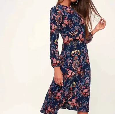 I. Madeline Garden Splendor Navy Blue Floral Print Long Sleeve  Dress L NWT • $40