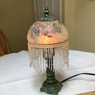 Vintage Hand Painted Rose Beaded Fringe Glass Shade Lamp • $75