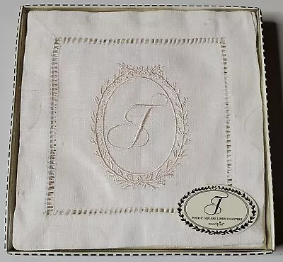 Linen Coasters 6” Square Monogram  T   Set Of 4 NIB • $14.90