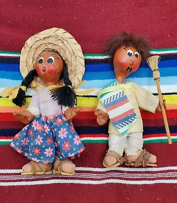 Vintage Pair Of Mexican Folk Art Dolls Oil Cloth With Sandlas On. 7  Inches. • $11.95