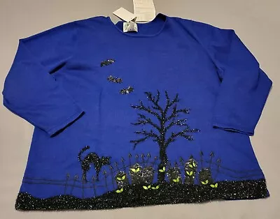 The Quaker Factory Sweater Womens 2XL XXL Halloween Bats Cat Headstones Blue • $39.99